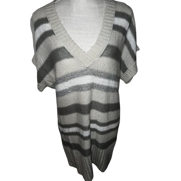 Striped Knit Short-Sleeve Tunic Sweater With V-Neck Beige Gray M&S Size M - Picture 1 of 5